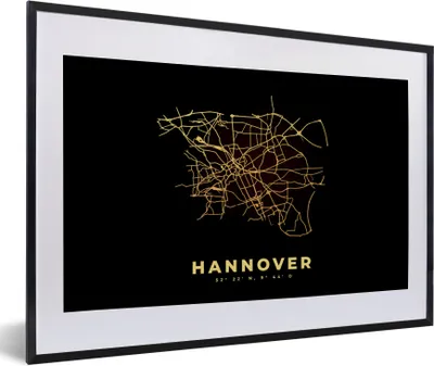 Produktbild von MuchoWow® Gerahmtes Poster Schwarz und Gold - Karte - Hannover - Stadtplan - Straßenplan 60x40 cm - Poster mit Schwarzem Bilderrahmen Wandposter Rahmen Foto Bilder - Schlafzimmer - Plakat in Rahmen - Drucken