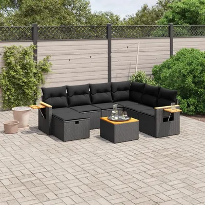 Produktbild von Design 8-tlg. Garten-Sofagarnitur mit Kissen Schwarz Poly Rattan, Gartenmöbel-Sets 2024 Neu