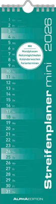 Produktbild von Alpha Edition - Streifenplaner Mini MINT 2026 - Wandkalender 10×33 cm mit Monatsübersicht & Feiertagen, kompakter Küchenkalender für Termine & Alltag