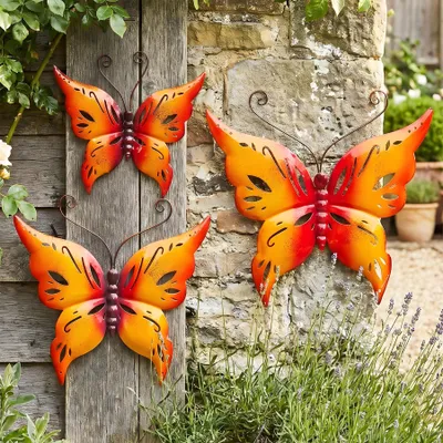 Produktbild von 3er Set Schmetterling Metall Wanddeko Rot Orange B20-33cm Gartendeko Wandkunst