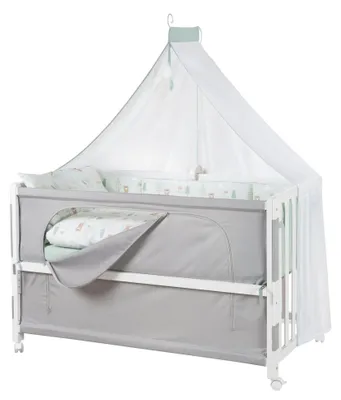 Image de roba Room Bed 60 x 120 cm Woodland Buddies - Lit d'appoint réglable en hauteur - Matelas, linge de lit, ciel & set de roulettes inclus - Blanc / Vert clair