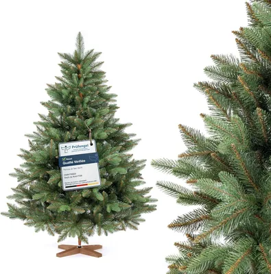 Immagine prodotto di Albero FAIRYTREES Nordman Premium 150 cm, realizzato nell'UE. Albero di Natale artificiale formato da due materiali diversi, con supporto in frassino fatto a mano, tronco marrone.