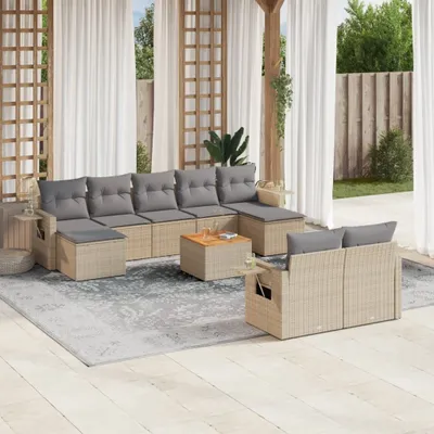 Produktbild von Design 10-tlg. Garten-Sofagarnitur mit Kissen Beige Poly Rattan, Gartenmöbel-Sets 2024 Neu
