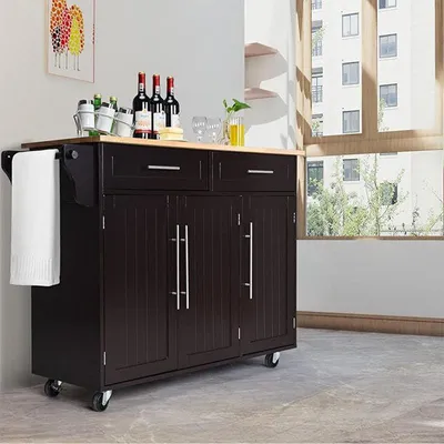Produktbild von Küchenwagen – Holzküchenwagen, 122x46x93 cm – Mit 2 Schubladen und Rollen mit Bremsen