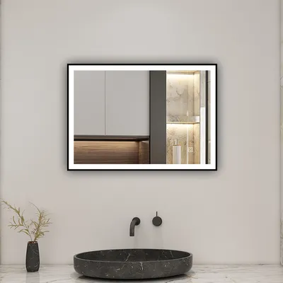 Produktbild von Schwarzer Rahmen Badspiegel mit 70X50cm Warm/Neutral/Kaltweiß dimmbar Memory Touch/Wandschalter Beschlagfrei Wandspiegel Spiegel mit Explosionsgeschützte