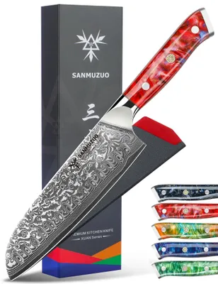 Santoku-Messer 18 cm, 67 Lagen Damaststahl, VG10, Harzgriff, rot