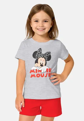 Produktbild von Disney Minnie Mouse Schlafanzug für Mädchen Kinder Pyjama Set Kurzarm Oberteil mit Hose Grau/Rot 122-128