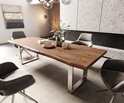 Produktbild von DELIFE Esstisch Edge 260x100 XL Akazie Braun Edelstahl Schmal Live-Edge