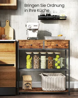 A kitchen scene featuring a narrow console table with storage, displaying various kitchen items.