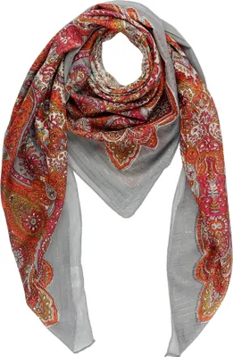 Produktbild von Baumwolltuch Paisley Blumen Muster02 grau bunt Lurex silber quadratisches Tuch