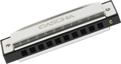 A close-up, studio shot of a harmonica against a white background.