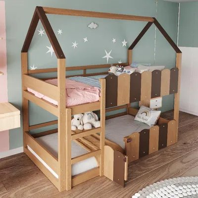 Obrázek produktu pro Dětská palanda 90x200 cm z dřeva, patrová postel ve tvaru domku s bezpečnostními zábradlími, rovné schůdky a rošt z dřevěných lamel v barvě dřeva