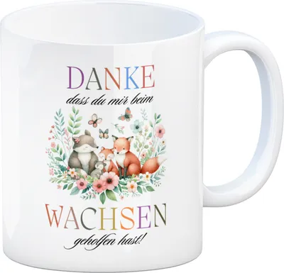 Produktbild von Waldtiere Kaffeebecher mit Spruch Danke für Deine Hilfe beim Wachsen