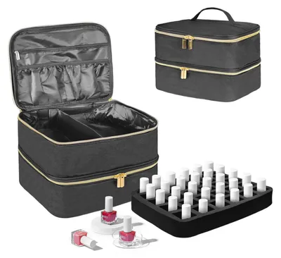 Image de Trousse de rangement pour vernis à ongles, boîte de rangement double compartiment pour vernis à ongles, organiseur pour le nail art, trousse de maquillage pouvant contenir 30 flacons de Neonail Base (15 ml - 0,5 fl.oz) et 1 lampe à ongles (noire)