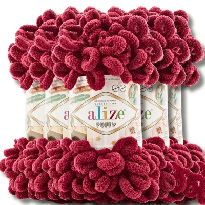 Produktbild von Alize 5x 100g Puffy Wolle, Uni, Häkeln, Stricken (Cherry - 107)