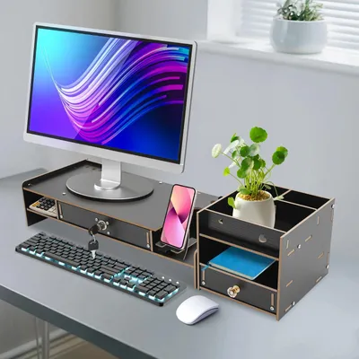 Produktbild von Monitorständer & Bildschirmerhöhung - Z08-2 - Ergonomische Höhe - Holz - Zum Zusammenbauen - Für Büroschreibtisch - Schwarz