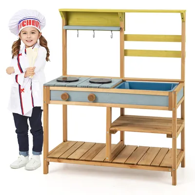Produktbild von GOPLUS Matschküche Kinder Outdoor, Spielküche aus Holz mit Abnehmbarer Spüle & 3 Haken zum Aufhängen, Kinderküche mit Stauraum für den Garten, Natur