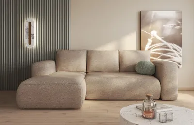 Produktbild von Easy4You Lambi Beige Ecksofa L-Form Links 266 x 89 x 164 cm mit Schlaffunktion und Stauraum - Schlafsofa mit Bettkasten - Moderne Wohnzimmermöbel – Stoff: Boucle 06