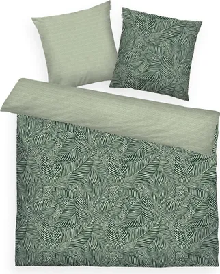Produktbild von Satin-Wende-Bettwäsche - 200 x 200 cm - Grün - Dunkelgrün - mit Reißverschluss - mit Blättermotive