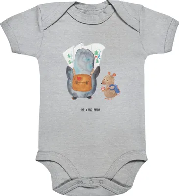 Produktbild von Mr. & Mrs. Panda overall baby Pinguin & Maus Wanderer 12. - 18. Monat - Heather Grey - Geschenk, Abenteuer, Wandern, Babybody, Einteiler, Strampler, babykleidung body