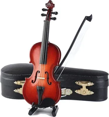 Imagen del producto de Unyqoos® - Miniatura de violín: detallada réplica de madera para casas de muñecas y decoración, color marrón, 143 cm, con atril, arco, estuche y cuerdas, puente y reposapinillas realistas