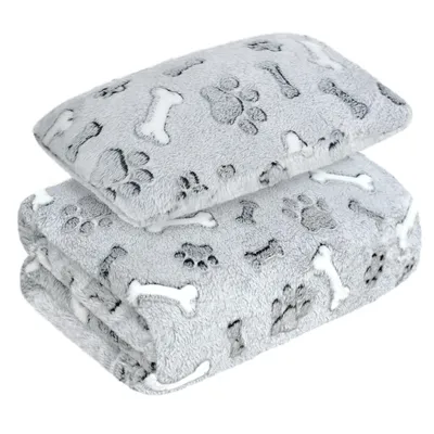 Produktbild von Domarex Doggy Dream Haustierdecke 70 x 50 cm mit Kissen 20x30cm Knochen und Pfoten Weiche Polar Fleece Decke für Hund & Katze Sofa, Transportbox