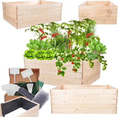Produktbild von MODO24 Hochbeet Holz, Pflanzkasten, Massivholz, Kiefer, Kräuterbeet, Blumenkasten, Garten, Terrasse, 45x120x90 cm, Natur, ZP06