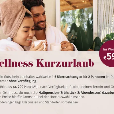 Produktbild von mydays Wellness Kurzurlaub für 2 (3 Nächte); Erlebnis verschenken oder selbst erleben; Gutschein für 2 Person(en)