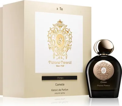 A perfume bottle and its packaging are displayed against a white background.