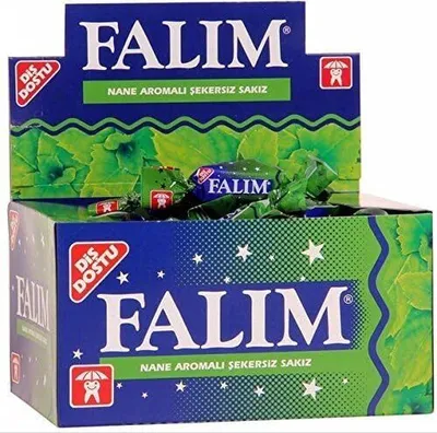 A display box of Falim sugar-free mint-flavored chewing gum.