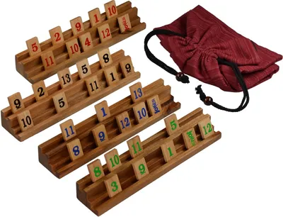 A set of Rummy Okey game racks with tiles and a drawstring bag.
