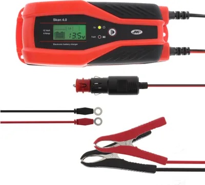 A battery charger and its accessories are displayed against a white background.