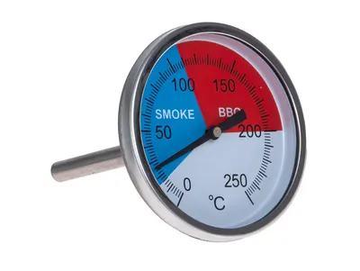 A close-up studio shot of a BBQ thermometer against a white background.
