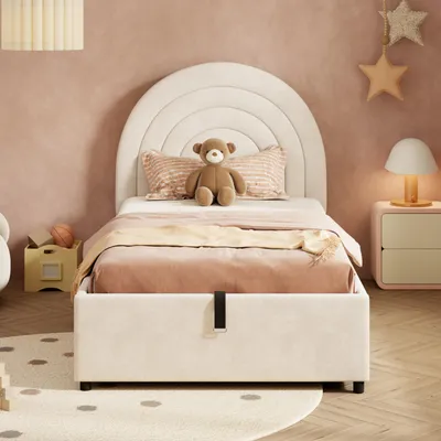 Produktbild von MODFU Kinderbett 90x200 Polsterbett Jugendbett mit Lattenrost, Kopfteil und Holzlatten, Einzelbett aus Samt, ohne Matratze, Beige