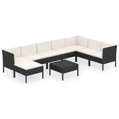 Image de vidaXL Ensemble de salon de jardin 9 pièces avec coussins Poly rotin noir