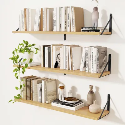 Produktbild von 3er-Set Wandregale, Wandbücherregal, Wandregal aus Holz, schwebendes Regal für Wohnzimmer, Schlafzimmer, Küche, Badezimmer und Arbeitszimmer, 90 x 20 cm, beige