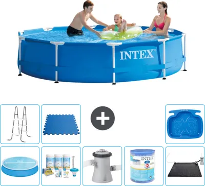 Produktbild von Intex-Schwimmbecken mit rundem Rahmen – 305 x 76 cm – Blau – im Lieferumfang enthalten Sonnensegel - Wartungspaket - Filterpumpe für Schwimmbad - Filter - Solarmatte - Leiter