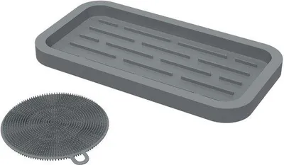 Immagine prodotto di Organizzatore per lavello Ibbenzoa® in silicone grigio, 25,4 x 13,6 x 1,8 cm – Portaoggetti per sapone, spugna e spazzola per piatti, tappetino antiscivolo, inclusa spazzola in silicone