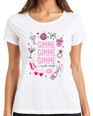 Zdjęcie produktu dla "Gimme Gimme Gimme" – koszulka damska z nadrukiem "Daj mi, daj mi, daj mi" (napis związany z wieczorem panieńskim), idealna na wieczór panieński, biała, rozmiar 3XL