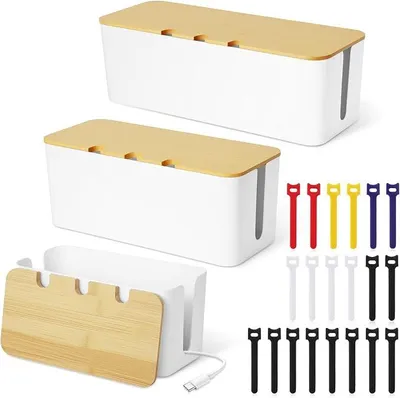 Produktbild von PolkaHome® 3er Set Kabelbox mit Holzdeckel – Kabelmanagement Box zum Verstecken und Organisieren von Kabeln, mit 20 Kabelbindern, groß,