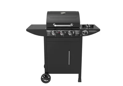 A black gas grill is shown against a white background.