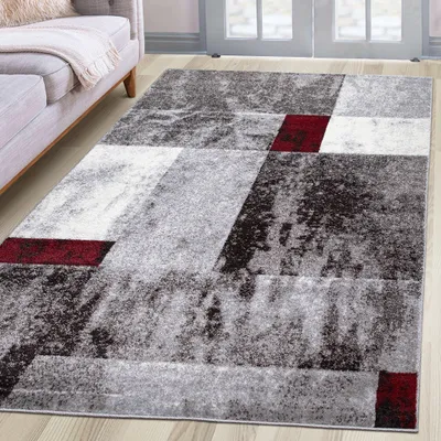 Immagine prodotto di Tappeto a pelo corto, tappeto moderno | disegno screziato, quadrati, rettangoli | qualità densa | resistente e di facile manutenzione | colore: rosso | 60 x 110 cm