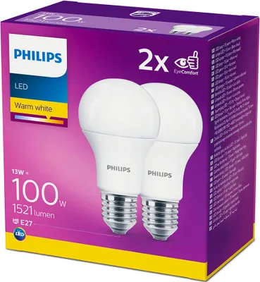 Obrázek produktu pro Philips 2× žárovka 100 W, A60 E27, 13 W, 100 W, E27, 1521 lm, 15000 h, Teplá bílá