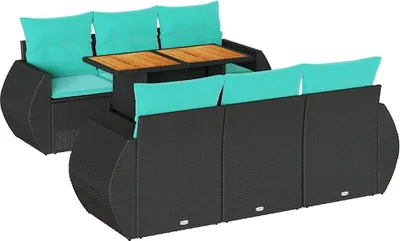 Image de vidaXL Ensemble de salon de jardin 7 pièces avec coussins noir poly rotin
