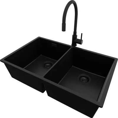 Produktbild von PRIMAGRAN Granitspüle Alles Schwarz 76x47cm, Spülbecken 2 Becken + Küchenarmatur 40x38cm + Ablauf-Set, Küchenspüle ab 80er Unterschrank - London Slim Twin