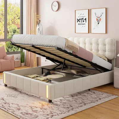 Produktbild von ProximaX 140x190 cm Samt Polsterbett in Beige mit Stauraum, LED-Beleuchtung am Fußende, Gasdruckfeder-Funktion – Doppelbett mit elegantem Design und praktischem Stauraum