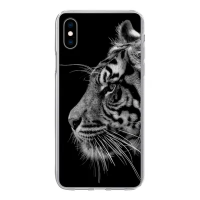 Produktbild von MuchoWow® Handyhülle Schutzhülle Hülle für iPhone Xs Tiger auf schwarzem Hintergrund in schwarz und weiß Silikon Softcase Handy Hülle - Handytasche