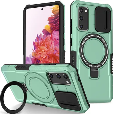 Produktbild von Handyhülle für Samsung Galaxy S20 FE 5G Kompatibel mit MagSafe, Robuste Hülle mit Schiebe Kamera Schutz, Magnetischer Ringständer Grün