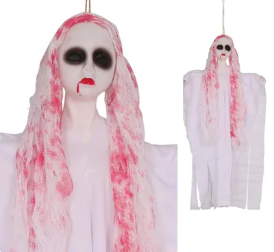 Imagen del producto de Figura de Halloween con aspecto fantasmal, adornos de color rojo sangre, decoración espeluznante, efecto de espíritu inquietante, ambiente impactante, diseño escalofriante, ideal para fiestas, color: blanco