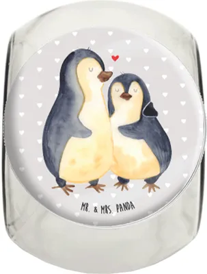 Produktbild von Mr. & Mrs. Panda Teedose Pinguine Einschlafen XL 2000ml - Grau Pastell - Geschenk, Naschglas, Hochzeitstag, glasbehälter, Süßigkeitenglas, für Freundin, Hocheitstag